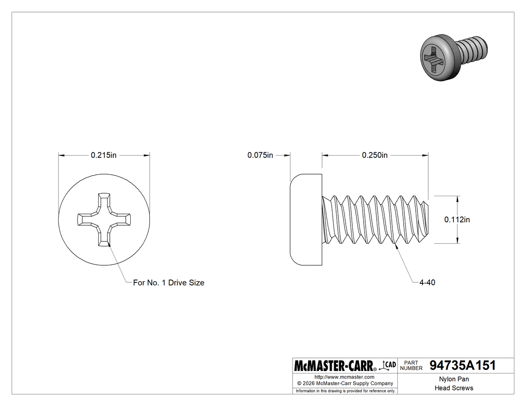 Technical Drawing of Nylon Pan Head Screws, Phillips, 4-40 Thread, 1/4" Long.